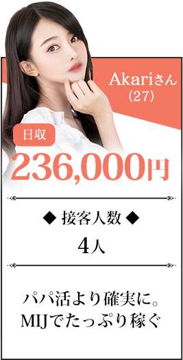Akariさん(27)日収236,000円／接客人数４人／パパ活より確実に。MIJでたっぷり稼ぐ。